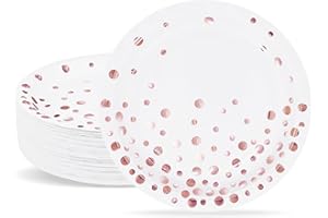 ZVK Assiettes de fête, 18cm Assiettes en papier jetables Lot de 50 Blanc avec feuille d’or rose Vaisselle de fête