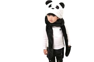 LONTG Cute Kids Boys Girls Hat Scarf Gloves Set Children Winter Warm 3 in 1 Cartoon Plush Panda Hoodie Hat with Mitten Pocket Gloves Earflap Hat Long Scarf Shawl Wraps Birthday Gift, Age 5-9