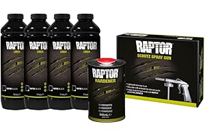 Raptor kit de revêtement de Protection, 4 Bouteilles de 3,79 litres (incluant Le durcisseur), Noir, avec Un Pistolet Raptor Standard UBS