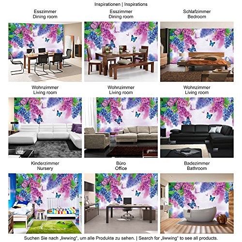 Vlies Fototapete 400×280 cm PREMIUM PLUS Wand Foto Tapete Wand Bild Vliestapete – Blumen Tapete Flieder Schmetterling Wasser lila – no. 418 - 5