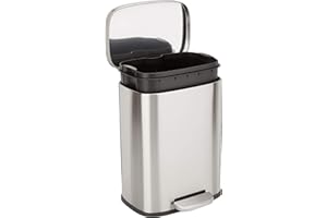 Amazon Basics Odporny na smugi, mały, prostokątny kosz na śmieci z pedałem nożnym umożliwiającym ciche zamknięcie, szczotkowana stal nierdzewna, 12 l, wykończenie nikiel satynowy