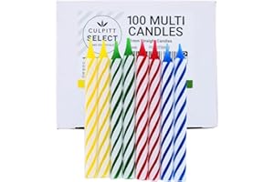 Culpitt Select Striped Candles, Pack of 100, 60mm Red, Blue, Green, Yellow Candy Striped Birthday Cake Candles for Celebration, Party, Birthday, Treats