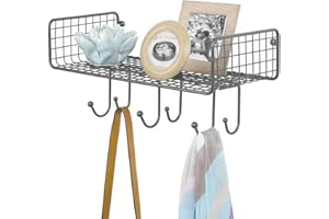 mDesign Organizador de Cartas con Cesta para el Pasillo o la Cocina – Cuelga Llaves Compacto con Guarda Cartas y 6 Ganchos – Colgador de Pared con balda metálica – Gris Antracita