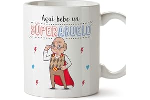 MUGFFINS Taza Abuelo - Aquí Bebe Un Super Abuelo - Taza Desayuno/Idea Regalo Original/Día del Padre para Abuelitos. Cerámica 350 mL
