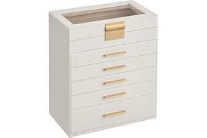 ‎SONGMICS SONGMICS JBC171W01 szkatułka na biżuterię ze szklaną pokrywką, 6-warstwowy organizer do przechowywania biżuterii z 5 szufladami, dużo miejsca do przechowywania, nowoczesny pomysł na prezent, 16,3 x