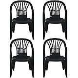simpahome Stackable Clam Style Back Plastic Garden Chairs - DARK GREY - Set of 4 Chairs for Indoor or Outdoor Use.