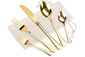 OZIRAL Złote sztućce 20-częściowy, złoty zestaw sztućców z nożem, łyżką, widelcem, serwis dla 4 osób, złote sztućce, idealne do codziennego użytku w domu