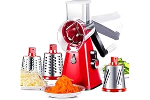 D L D Multifunctional Vegetable and Fruit Cutting Machine, Rotating Drum Cheese Grater with 3 Stainless Steel Revolving Blades, Manual and Safe Milling, Slicer (RED)