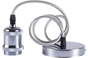 Sevenpers Pendant Light Fitting, E27 Vintage Style Ceiling Rose Light Fitting with Ground Wire and 90cm Braided Cable, Suitable for Kitchen Island Living Room Bedroom Dining Room DIY (Chrome)