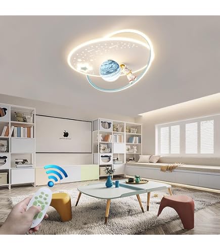 RuiRfh Lampe de chambre d'enfant de dessin animé LED lampe de plafond créative abat-jour en verre plafonnier avec fonction de gradation à distance design astronaute lunaire chambre de bébé bibliothèqu