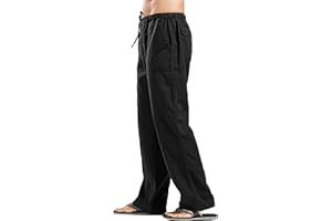 YAOHUOLE Men's Linen Trousers Lightweight Yoga Pants Elasticated Waist Straight Legs Drawstring Trousers