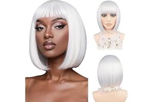 ‎JIAMEISI Kurze Bob-Perücke mit Pony 30cm Glatte Bob-Perücke für Frauen und Mädchen Synthetische Hitzebeständige Faserhaare für Cosplay, Party, Weihnachten, Halloween und Tägliche Nutzung (Weiß)