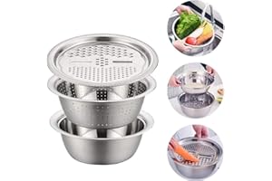BSTCAR Passoire avec Bol INOX Râpe INOX, Passoire de Cuisine Saladier Métal Bol INOX Râpe INOX de Préparation Design Ustensile de Cuisine Lot de 3, Chevauchement,Diamètre de 28cm