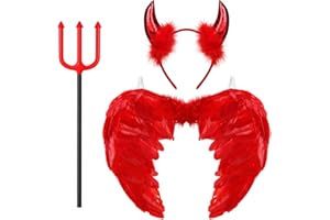 AURASKY Alas de Angel Rojas, Diablo Cuernos Tridente, Alas Demonio, Disfraz Angel Rojo, Disfraz Diablo Mujer, Alas para Niños Adultos Mascarada Halloween Carnaval Cosplay Fiesta