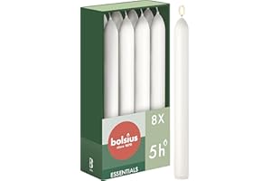 Bolsius - 8 bougies coniques blanches - 17 x 2 cm - Longue durée de combustion de 5 heures - Sans parfum - 25% Cire végétalienne naturelle - Sans goutte - Sans huile de palme