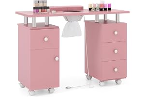 COSTWAY Manicurebord med elektrisk dammsugare, nagelbord med 3 dammsugarpåsar, handledsstöd och lådor, nagelstudiobord på 8 låsbara hjul