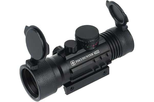 FOCUHUNTER Lunette de visée Tactique 4x33mm Lunette de visée éclairée à Trois Rails entièrement Multicouche réticule Rouge et Vert portée 1/4 MOA avec Trois Rails de tisserand