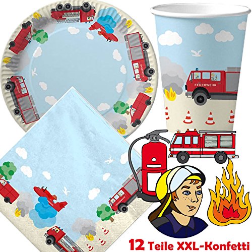37-tlg. Party-Set * FEUERWEHR * mit Pappteller + Servietten + Pappbecher + XXL-Tischkonfetti für Kindergeburtstag // Teller Becher Essen Pappe Geschirr Party Deko Dekoration Einweg Kinder Geburtstag Mottoparty Feuerwehrauto Konfetti Deko