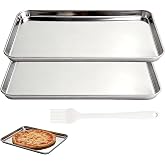 XRVRILE 2 Pieces Stainless Steel Oven Tray with Oil Brush - Rectangular Oven Tray 26.4 x 15.3 cm, Heat Resistant, Stainless S