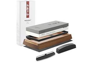 HEZHEN Pietra Affilacoltelli Professionale, Pietra per Affilare al Corindone Bianco, Doppia Faccia Grana1000/5000, con Guida Angolare, Base in Legno