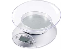 Etekcity Bilancia Cucina Digitale 5kg/11lb, Bilancia da Cucina Alimenti con Ciotola Rimovibile, Funzione Tara, Display LCD, Misura per Volume Liquidi, Argento