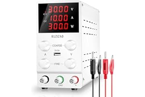 RUZIZAO Alimentation de Laboratoire 30V 10A, Alimentation Stabilisée Réglable avec Affichage LED à 4 Chiffres de Haute Précision et Port USB 5V/2A, Alimentation Réglable avec Grossiers et Fins