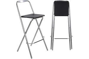 Taylor & Brown Folding Bar Stool Chair Wooden Effect Breakfast Barstool Kitchen Restaurant Seating Silver Frame Foldable Seat Home with Footrest, Black
