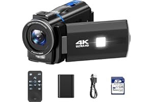 Videokamera 4K, 48MP Camcorder Vlogging Camera für YouTube, 16X Digitalzoom Nachtsicht Vlog Kamera, 3" 270° drehbarer Touchscreen Webcam Video Camera 4K mit 32GB SD-Karte, Fülllicht, Fernbedienung