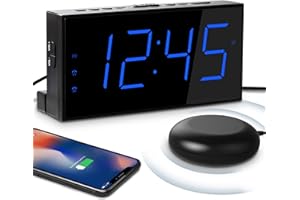 Mesqool Loud Alarm Clock with Bed Shaker for Deaf, Heavy Sleepers, Hearing Impaired,Dual Alarm,USB Phone Charger,Large LED Display,Big Snooze Button,DST 12/24H,Battery Backup, Adjustable Dimmer(Blue)