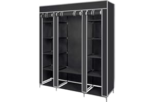 Mondeer Armoire en Tissu Penderie de Vêtement en Toile Mobilier de Chambre Rangement de Vêtements Unique Tringles à Vêtements (Noir)