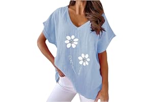 NUSGEAR 2023 Camiseta Manga Corta Mujer, Verano Algodón y Lino Moda Impresión Blusa Camisa Cuello en V Basica Camiseta Elegant Suelto Tops Casual Fiesta Cómodo T-Shirt Original tee Playa