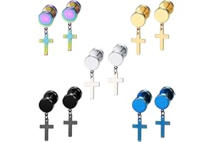 Epoch World 5 Pares Acero Inoxidable Pendientes pour Hombre Mujer, Pendientes Hombre Plata, Pendientes Hombre Cruz, Pendientes Negros Hombre, Aretes Hombre Pendientes Oro Pequeños Redondos 8MM