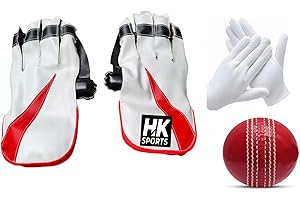 H.K.Sports Pair of Wicket Keeping & White Inner Gloves with Red PVC Stitched Incredible Cricket Ball for Men, Girls, Boys (Red, White) with Enhanced Grip, Finger Protection and Ergonomic Design