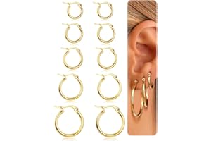 Adramata 5-10 Pares Acero Inoxidable Pendientes Aro Mujer Hombre Diámetro 10/12/15/20/25mm Conjunto de Aros Pendientes Plata/Oro Mujer Hombre