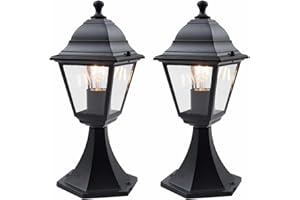firstchoicelighting Set of 2 Modern Black with Clear Glass Lantern Design Outdoor Post Lights, Garden Pedestal Light, IP44 Rated, Compatible with LED Bulbs