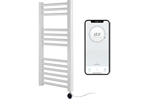 Greened House Scaldasalviette elettrico intelligente con controllo WiFi, 500 mm di larghezza x 800 mm di altezza, programmabile per 7 giorni, compatibile con app (barra bianca + elemento WiFi cromato)