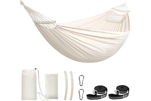 Chihee Coton Hamac Grand hamac Souple Respirant Hamac de Camping Peut Supporter jusqu'à 300KG Hamac d'arbre Portable avec Barre d'écartement détachable Oreiller 2 Sangles Solides 2 mousquetons