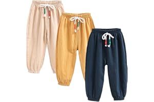 FAIRYRAIN 3 Pack of Kinder Mädchen Jungen Sommer Baumwoll Drucken Leinenhose Pumphose Elastische Lässige Anti-Moskito Jogginghose Lässige Pants Hose