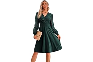 Odizli Damen Herbst Vintage Elegant Mesh Polka Dot Langarm V-Ausschnitt Swing Knielang Coctailkleid