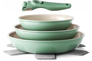 Redchef Set di Padelle da 6 pezzi con Manico Rimovibile, Padella in Ceramica con Antiaderente in Granito, Adatto All’Induzione, Padella 20, 24, 28 cm, Salvaspazio, Senza Ptfe & Pfoa & Pfas, Verde
