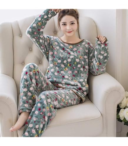 Ensembles De Pyjama Femme,Hiver Épais Chaud Vêtements De Nuit En Flanelle À Manches Longues Col Rond Pull Vêtements De Nuit Doux Belle Fraise Rose Corail Velours Homewear Pyjamas Ensemble, 3Xl