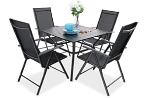 PHIVILLA 4 Seater Garden Dining Table and Chairs Set 4 Patio Set Furniture Metal Garden Table and Aluminum Recliner Chair Black (Black)