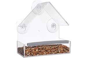 SUQ I OME Small Wild Window Bird Feeder with Strong Suction Cups and Seed Tray with Drain Holes, Small, Compact, Clear Acrylic, Easy Clean, Outside Feeders for Transparent Viewing（House)