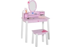 HOMCOM Tocador Infantil con Taburete y Espejo Tipo Princesa Mesita de Maquillaje de Madera Rosa Juguete para Niñas 60x34x93 cm