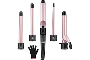GEEDIAR Curling Wand - Upgraded 5 in 1 Hair Curler, Curling Tongs Iron Set with 5 Interchangeable Ceramic Coating Barrels, Waver Curling Wand for Long/Short Hair, LCD Display /80-230°C Adjustment Temp