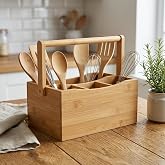 Deconox 4 B&ouml;lmeli Bambu Kaşıklık ve Organizer - Tezgah &Uuml;st&uuml; &Ccedil;atal Bı&ccedil;ak D&uuml;zenleyici Taşıma Kulplu Servis Standı (23 x 16 x 12