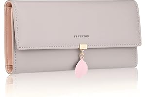 FT FUNTOR PU Leather Wallet for Women RFID Blocking Ladies Leaf Pendant Coin Zipper Long Purse with Multiple Card Slots and Card Holders Phone Pocket (Grey)