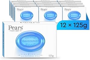 Pears Pure & Gentle Transparent Natural Soap Bar - Made with Mint Extracts, Nourishing and Refreshing Bathing Cleanser, Gentle & Soothing Skin Care, Pure Transparency, Pack of 12 x 125g