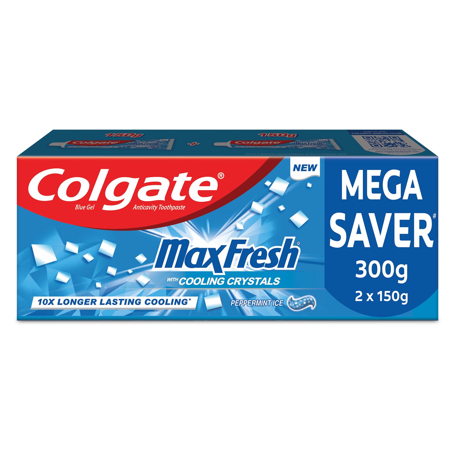Colgate MaxFresh 300g (150g x 2, Pack of 2) Toothpaste, Blue Gel Paste with Menthol for Super Fresh Breath (Peppermint Ice, S