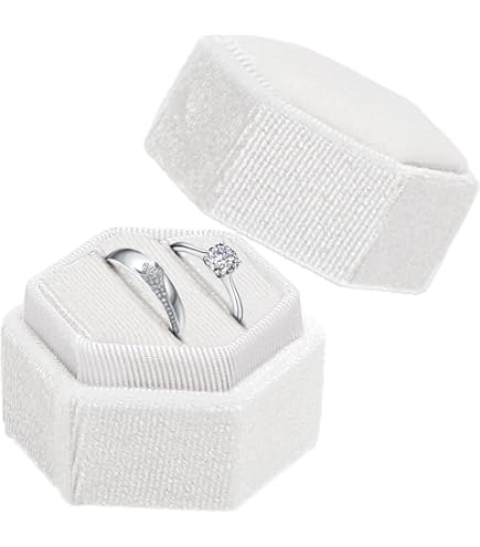 Lusofie Trouwringdoos fluwelen ringdoos met afneembaar deksel, 2 sleuven, zeshoek, premium prachtige sieraden verlovingsringen, dozen voor ceremonie (beige